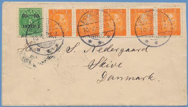 1278 1279 1284 1285 1263 1263 51 v1, 63 5 aur med OMVÄNT PÅTRYCK samt * 3 aur C IX i 5-strip på vackert brev till Danmark st REYKJAVIK 10.2.03, intyg Nielsen.