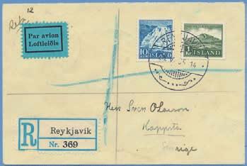 Intyg Nielsen.1.200 1279 160-61 50 och 10 aur med påtryck Flygmaskin på rek FDC st REYKJAVIK 29.6.29. 1.000 1280 166 5 kr Hopflug Itala.