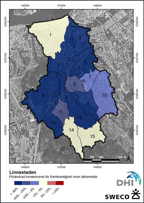 Effekt av åtgärder Utvärdering av strukturplanens effekt med skyfallsmodell Åtgärderna medför en omfördelning av vatten