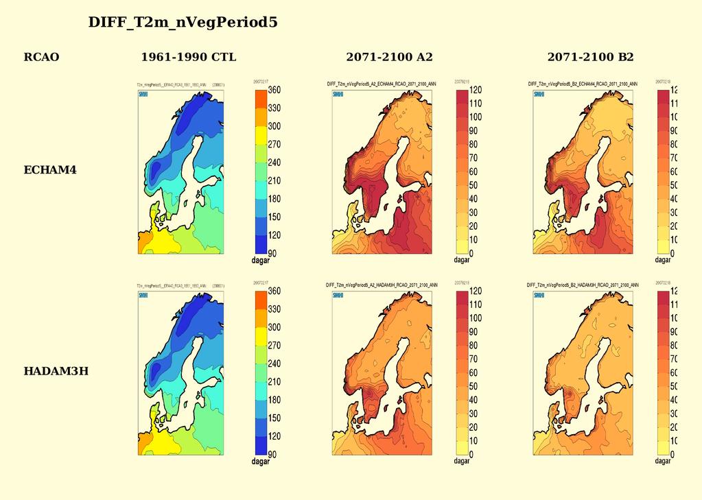 Figur 5 Vegetationsperiodens förändring i Sverige för perioden 2071-2100 under A2 och B2 scenariot för växthusgasutsläpp.