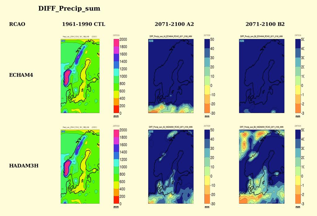 Figur 6 Årsnederbördens förändring i Sverige under perioden 2071-2100 för A2 och B2 scenariot för växthusgasutsläpp.