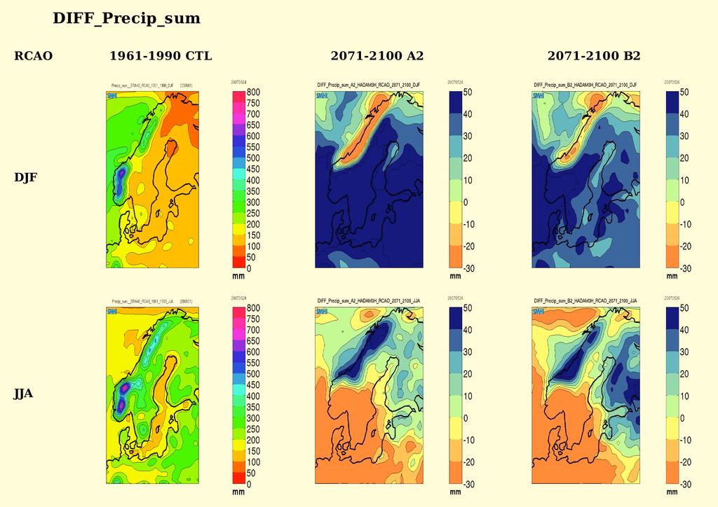 Figur 7 Nederbördsförändringar i Sverige under perioden 2071-2100 under scenario A2 och B2 för utsläpp av växthusgaser enligt modelleringar med