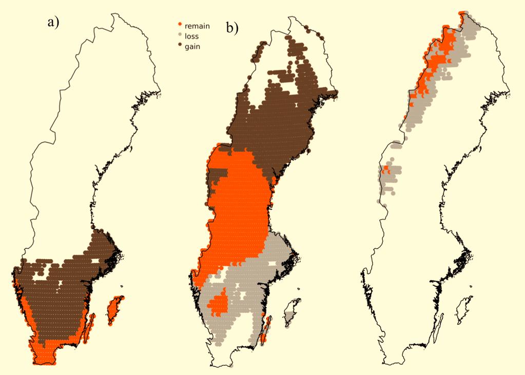 a) b) c) Figur 8 Generella mönster i utbredningsförändringarna exemplifierat med a) fågelarv (Holosteum umbellatum), b) mosippa