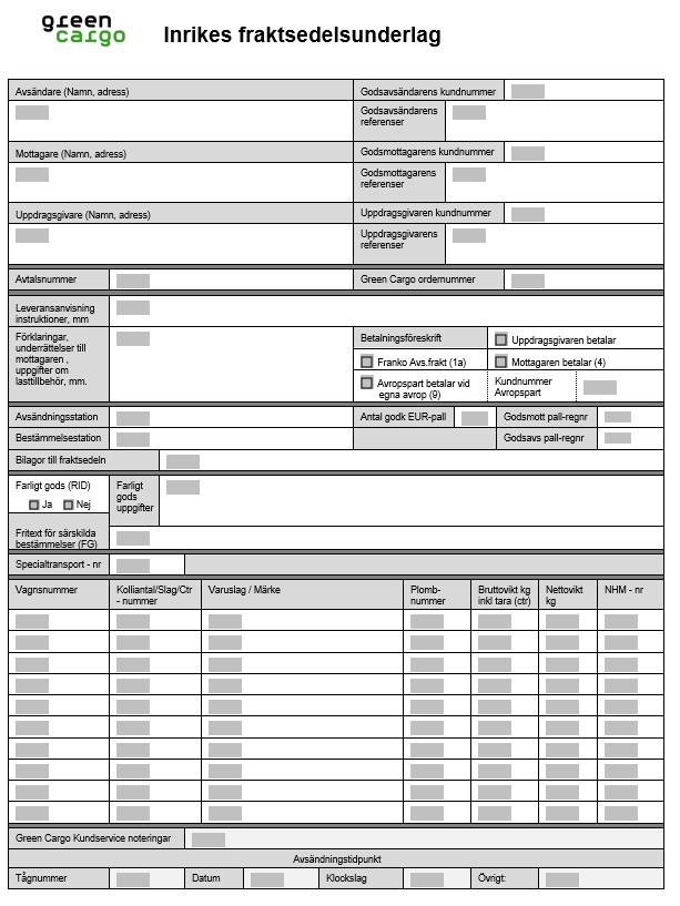 Fraktsedlar, innehåll och format 12 Andra varianter förekommer också, exempelvis har Green Cargo ett särskilt inrikes fraktsedelsunderlag, se till höger Då transporten bokats av en speditör, finns