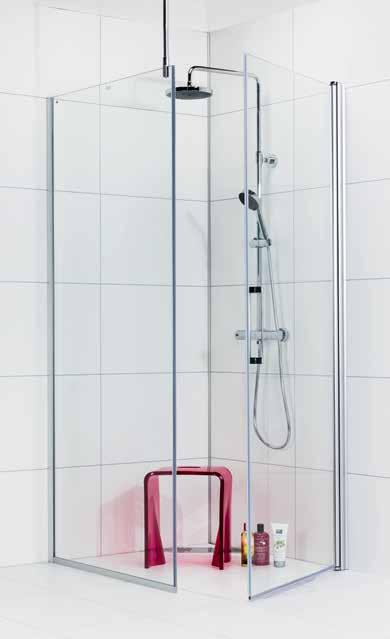 DUSCHAR NORO Frost Concept En flexibel och modern duschlösning bestående av en fast vägg tillsammans med en dörr, för montering i hörn.