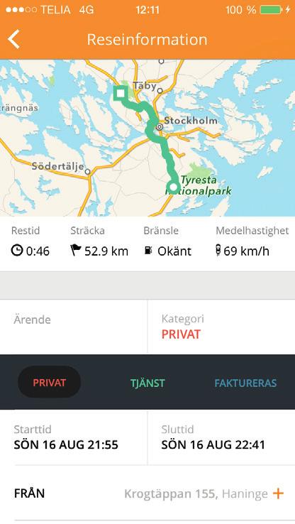 Information om resan Restid (timmar/minuter) Sträcka (km) Förbrukat bränsle (om bilen ger info) Medelhastighet Ärende Du kan lägga till ärende för resan (rekommenderas av skatteverket) Kategori Välj