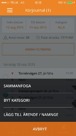 Du kan även sammanfoga resor av samma kategori ifall du t.ex. gjort ett kortare stopp under en pågående resa. OBS!