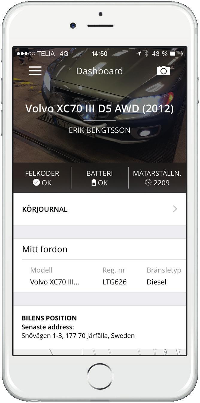 DASHBOARD Från Dashboard har du en översikt över ditt fordons status, viss fordonsinformation, mätarställning, batteristatus, eventuella felkoder och värmarstatus.