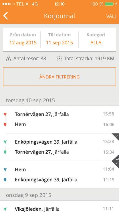 KÖRJOURNAL En automatisk och användarvänlig körjournal enligt skatteverkets rekommendationer med möjlighet att filtrera och kategorisera, slå ihop och visa detaljer om resor.