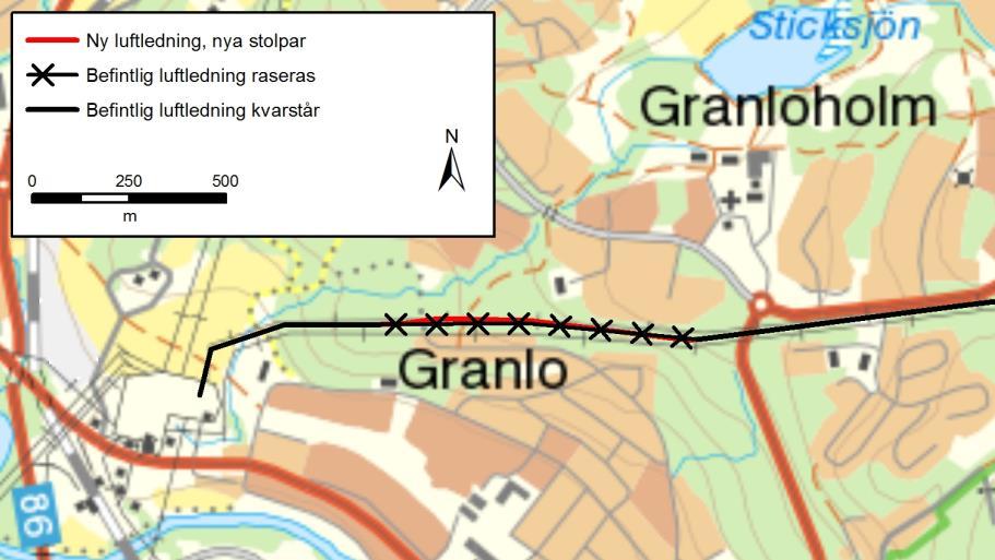 4.1 Delsträcka 1, Granlo Nytt utförande luftledning På sträckan förbi Granlo passerar den befintliga ledningen parallellt med ett antal andra ledningar förbi bostadsbebyggelse.