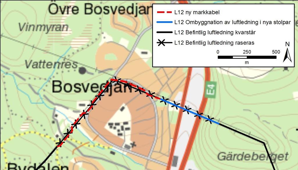 Figur 8. Delsträcka 3 (röd streckad linje) där befintlig luftledning markförläggs genom Bosvedjan samt delsträcka 4 (blå heldragen linje, se avsnitt 4.