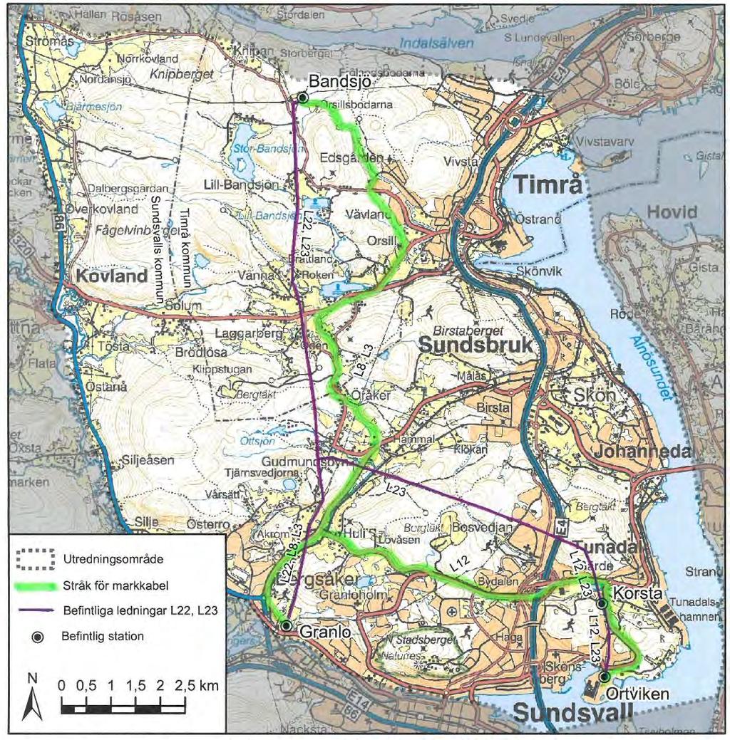 3.4 Översiktligt studerade stråk som avfärdats innan samråd 3.4.1 Markförlagd kabel hela sträckningen Bandsjö-Granlo och Bandsjö-Ortviken Ett alternativ som studerats i ett tidigt skede är ett