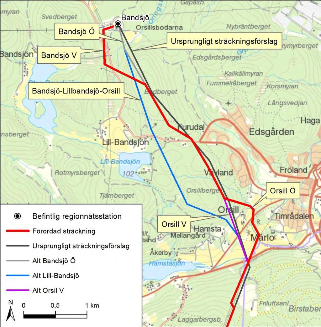 Figur 3.15: Tidigare studerade sträckningar mellan Bandsjö och Märlo.