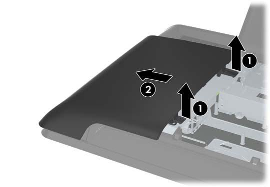 7. Ta bort åtkomstpanelen till minnet genom att dra de två flikarna uppåt på panelens inre kant (1) och skjuta bort panelen från datorn (2).