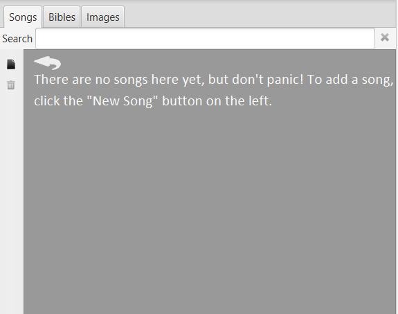 1.3. Lägga till sånger till din databas 1.3.1. Skapa en ny sång Första gången du startar Quelea kommer din sångdatabas att vara tom.
