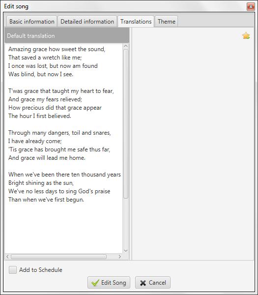 2.4. Översättningar Sen Quelea 2014 Exodus är det möjligt att använda översättningar av sånger. Du kan spara flera översättningar av en sång, men för tillfället bara visa en åt gången. 2.4.1. Lägg till en översättning För att lägga till en översättning måste du redigera en sång (genom att högerklicka på den och välja Redigera sång.