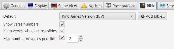 3.6. Bibel Bibelfliken låter dig ange en standardbibel, lägga till en bibel, ange om versnummer ska visas i bibeltexter eller inte och justera layouten på bibeltexter. 3.6.1.