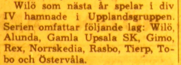 Wilö ställde upp med: Karl-Erik Andersson Lars Höljer, Bernt Eriksson Bo Karlsson, Lennart Eriksson, Bertil Sundström Arne Stångberg, Hans Eriksson, Jan Johansson, Raimo Widén, Ola Häggberg.