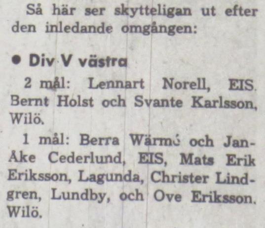 Wilö: Lars Hellström, Bernt Holst och Ove Eriksson. Hos Wilö, som ställde upp reservbetonat, var alla lika bra/dåliga. Mot Södra Trögd vann Wilö med 2-0. Målen gjordes av Bernt Holst och Ove Eriksson.
