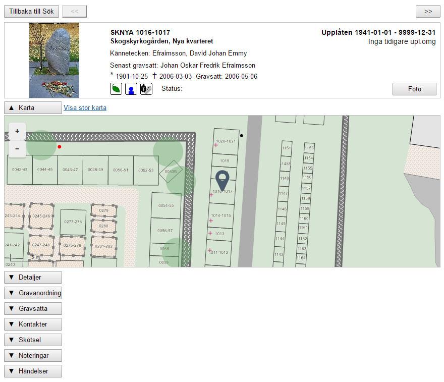 Karta på gravplatsen Knappen för karta fäller ut en kartbild (MyCarta) för den aktuella gravplatsen. Det går att zooma i bilden samt panorera.
