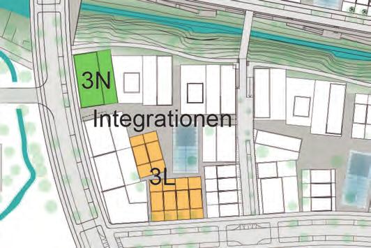 Tilldelningsområden i kvarter 3 Tilldelningsområde 3N Uppskattat antal BTA och lgh ca1 600 m² BTA ca 20 lgh Fastigheter och upplåtelseform Integrationen 1 Valfri upplåtelseform 3L 6 radhus