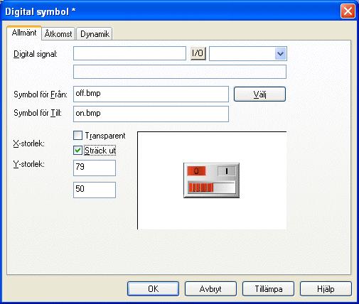 Grafisk presentation och manövrering Digital symbol Objektet Digital symbol används för att växla mellan två valda symboler beroende på tillståndet för en digital signal.