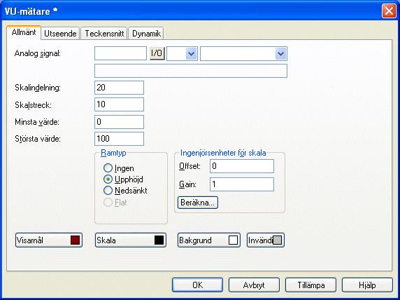 Grafisk presentation och manövrering VU-mätare Objektet VU-mätare skapar en grafisk VU-mätare på displayen. Allmänt Parameter Beskrivning Analog signal Signalens adress.