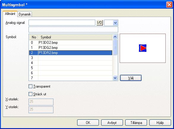 Grafisk presentation och manövrering Multisymbol Objektet Multisymbol kan visa en av upp till 16 olika symboler beroende på värdet i ett dataregister.