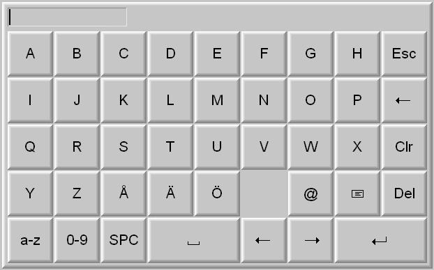 Grafisk presentation och manövrering Alfanumeriskt tangentbord Det alfanumeriska tangentbordet visas då t.ex. ett ASCII-objekt manövreras. Alfanumeriskt tangentbord. Tangent A-Z Å, Ä, Ö + blanksteg Esc Clr @ Beskrivning Används för att skriva in önskad text.