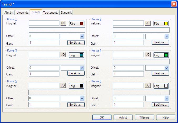 Trender Kurvor Parameter Insignal Färg Offset och Gain Beskrivning De insignaler som objektet ska samla in och presentera värdena för. Färgen på respektive kurva.