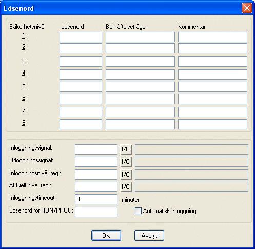 Lösenord 11.2 Definiera lösenord Lösenord för säkerhetsnivåerna 1-8 definieras genom att dubbelklicka på mappen Lösenord i Projekthanteraren. Parameter Lösenord 1-8 Lösenordet för säkerhetsnivå 1-8.