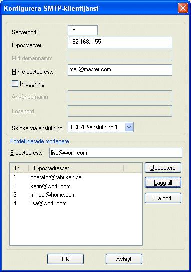 Nätverkskommunikation SMTP-klient Denna funktion gör det möjligt att skicka e-post från operatörsterminalen. Ej tillgängligt för E1012 och E1022.