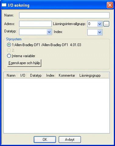 3.14 I/O-sökning Konfiguration med konfigurationsverktyget Om en lokal namnlista skapas i projektet kan I/O-signalerna väljas från listan med knappen I/O när objekten definieras.