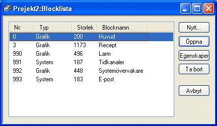 Blockegenskaprna visas när du klickar på knappen Egenskaper. Med knappen Ta bort tar du bort markerade block.