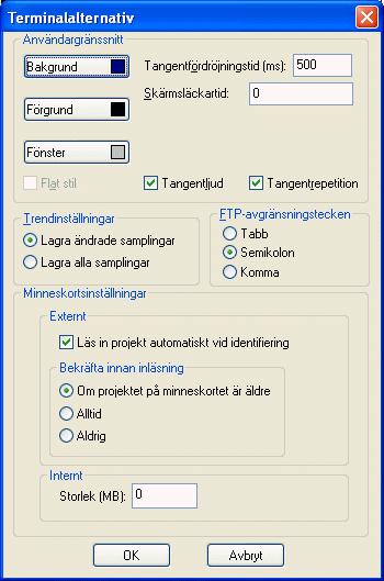 Konfiguration med konfigurationsverktyget Terminalalternativ Terminalalternativen omfattar funktioner för användargränssnitt, trendinställningar, val av FTP-avgränsningstecken och