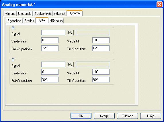 Grafisk presentation och manövrering Flytta Två analoga signaler kan anges under fliken Flytta. Dessa värden motsvarar objektets X- och Y-koordinater (bredd och höjd).
