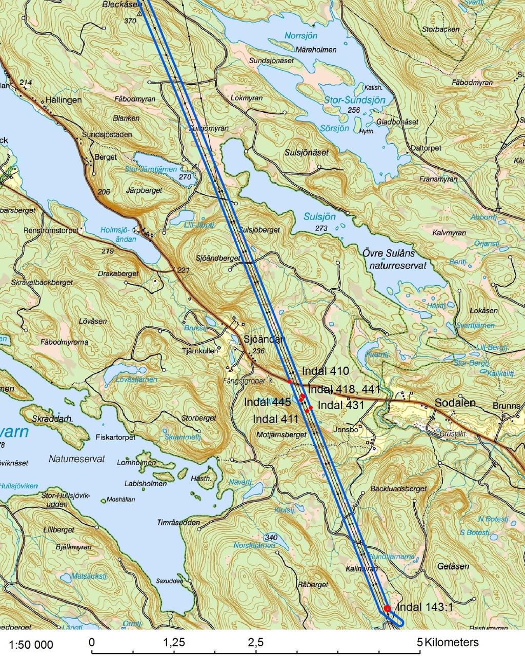 Terrängkartan med fornlämningar Bilaga 3 Fornlämningar i anslutning till undersökningsområdet som är registrerade i FMIS är markerade med röda punkter