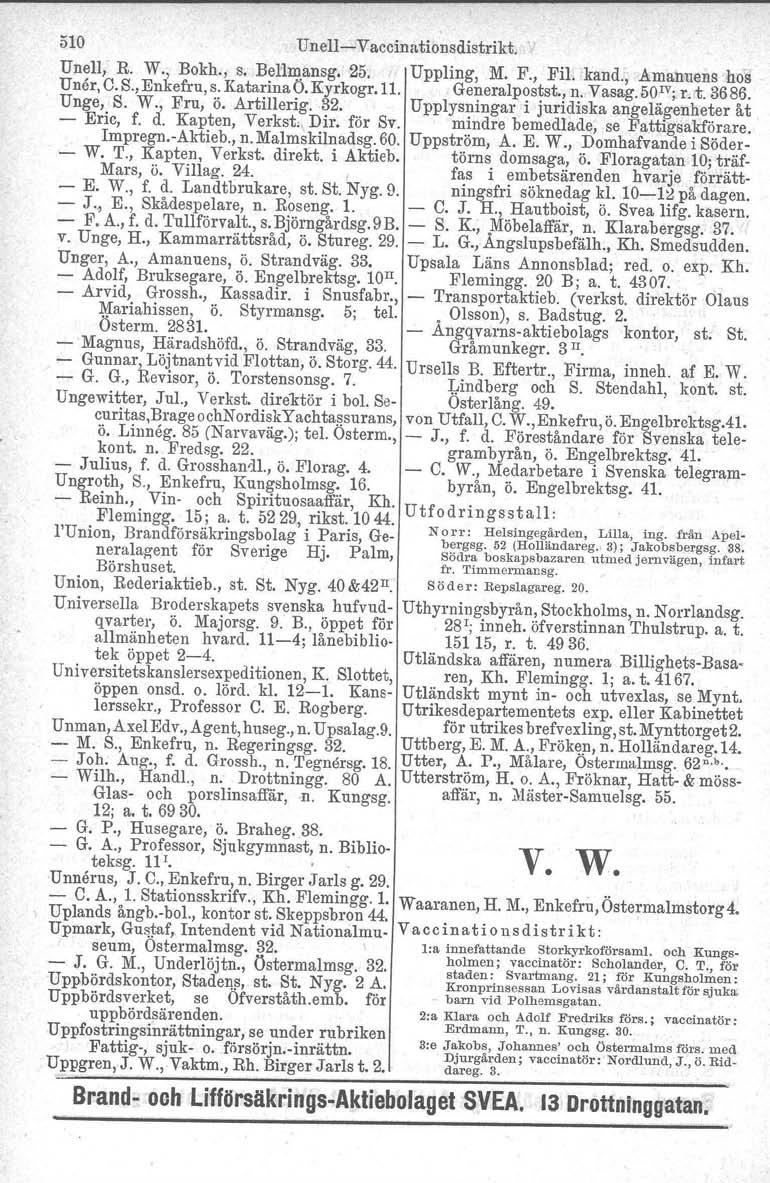 510 Unell-e-Vaccinntionsdistrikt. Unell, R. W., Bokh., s. Bellmansg, 25. Uppling, M. F., Fil. kand., Amanuens hos Uner, C. S., Enkefru, s. Katarina Ö. Kyrkogr.11. Generalpostst., n. Vasag. 50rv; r. t.