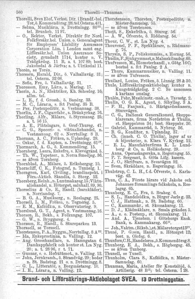 500 Thorelli-ThUnman. Thorelli, Sven Elof, Verkst. Dir. i.l?randf.-bol.( Thorstensson, Thorsten, Postexpeditör. rio Tor,ö. Kommendörsg. 28; tel.osterm.401. Mäster-Samuelsg. 55.