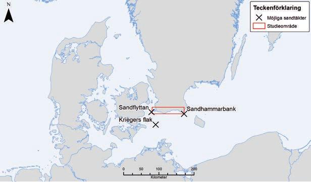 Figur 1. Karta över studieområdet där möjliga sandtäkter identifierade av SGU är markerade med kryss.