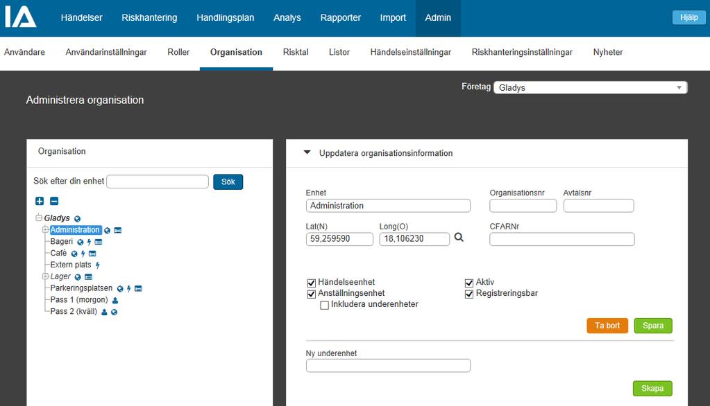 Steg 3 Organisation (forts.) Fortsätt på fliken Organisation med att bygga upp organisationsstrukturen i form av ett träd.