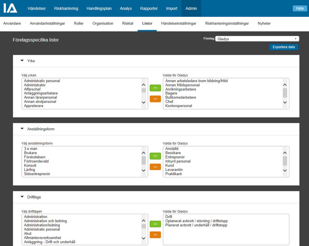 Steg 2 - Listor Klicka på fliken Listor. Här väljer du vilka begrepp ur de branschspecifika listorna som ni vill använda i er organisation.