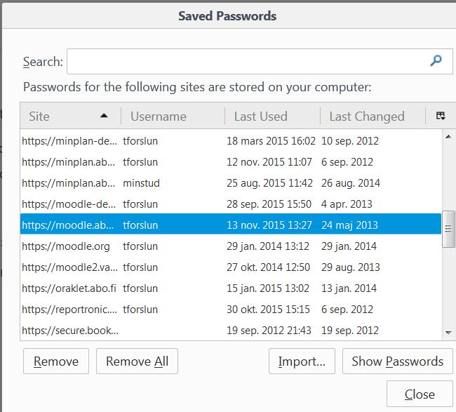 Klicka på Security > Saved passwords Välj moodle-sajten och klicka på Remove.