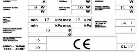 METOS START 6LIBD001-0612 Typskylt 1. Tillverkare 2. Tillverkningsnummer 3. Kod 4. Modell 5. Spänning 6. Strömförbrukning 7. Maximi kyleffekt 8. Energiförbrukning 9. Avfrostningselementets effekt 10.