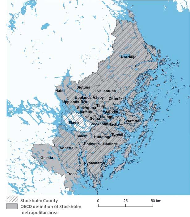 1. EKONOMISKA OCH MILJÖMÄSSIGA TRENDER I STOCKHOLM Bild 1.9 Stockholmsregionen (enligt OECD:s definition) Obs! Denna bild utgår från OECD:s definition av Stockholmsregionen.