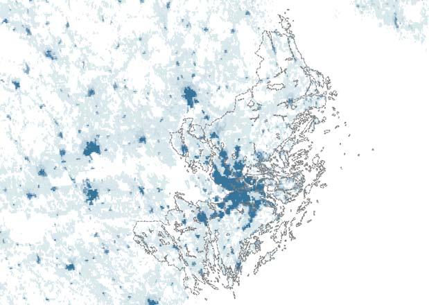 2. POLICYER FÖR ATT YTTERLIGARE STÄRKA GRÖN TILLVÄXT I STOCKHOLM Bild 2.1. Karta över befolkningstäthet i Stockholmsregionen Uppgifter från LandScan Obs! Centrum har högst täthet i regionen.