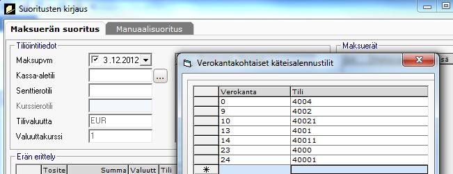 2.10.2 Betalningar 4. ur Finvoice-materialet, varvid det i leverantörsregistret redan har gjorts kontoändring och skattesatsspecifika konton definierats.