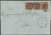 500:- Denmark, single items / Danmark, singlar 3203 2 1851 FIRE R.B.S. brown, pair and a single on cover, canc. 4, K.D.P.A. Aalborg 11.2 to Nibe. Very nice. * 300:- 3204 6 1857 Skilling 16S.