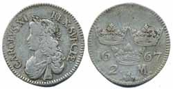 1 500:- Karl X Gustav (1654-1660) 4521 SM 58 1/4 öre 1655. 10,29 g, Bra ex, plantsfel, slutet på tenen.