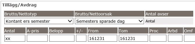 S i d a 55 Om frånvaron den 31/12 förändras efter att semesteromställningen har körts kan semesteromställning göras om eller omfattningen ändras på orsaken SPAR>40 i Tillägg/avdrag.